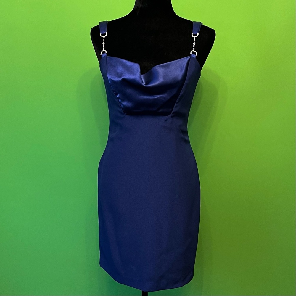 Fashion 1001 Nights Blue Cocktail Cowl Neck Dress, Size 5/6